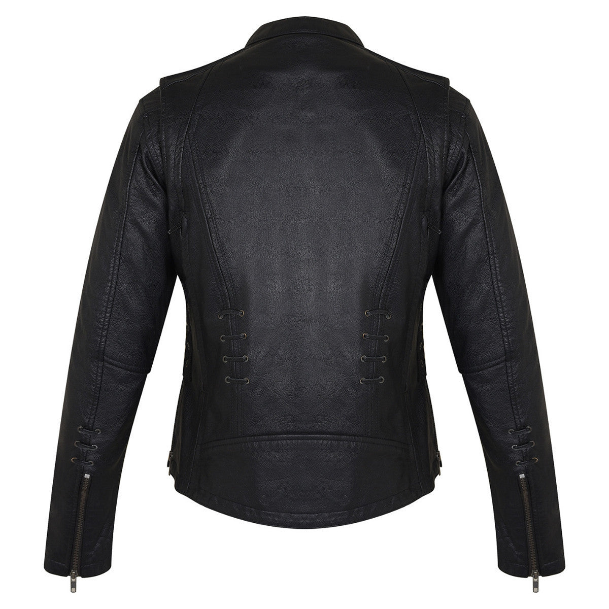 High Mileage HML638B Women's Lace and Grommet Detail Black Goatskin Leather Lady Biker Motorcycle Fashion Jacket - Rear View
