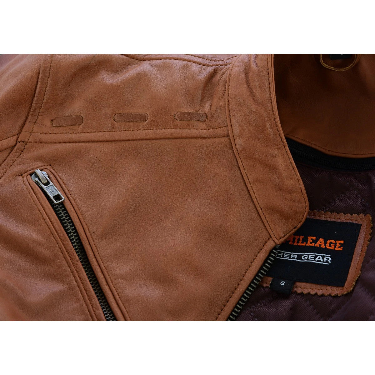 High Mileage HML703T Women's Fringe and Rivet Detail Premium Lightweight Brown Leather Lady Biker Motorcycle Fashion Jacket - Life Image