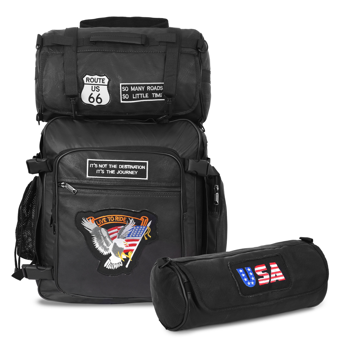 Vance-VS326-Rival-Series-3pc-Rock-Design-Top-grain-High-Quality-Leather-Sissy-Bar-Bag-Set-front