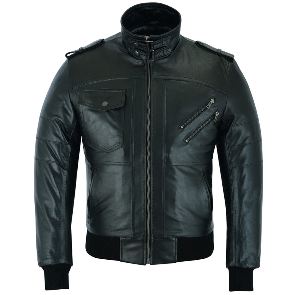 Vance Leather VL551B Men's Sven Bomber Black Waxed Premium Cowhide Motorcycle Leather Jacket with Removeable Hood - main