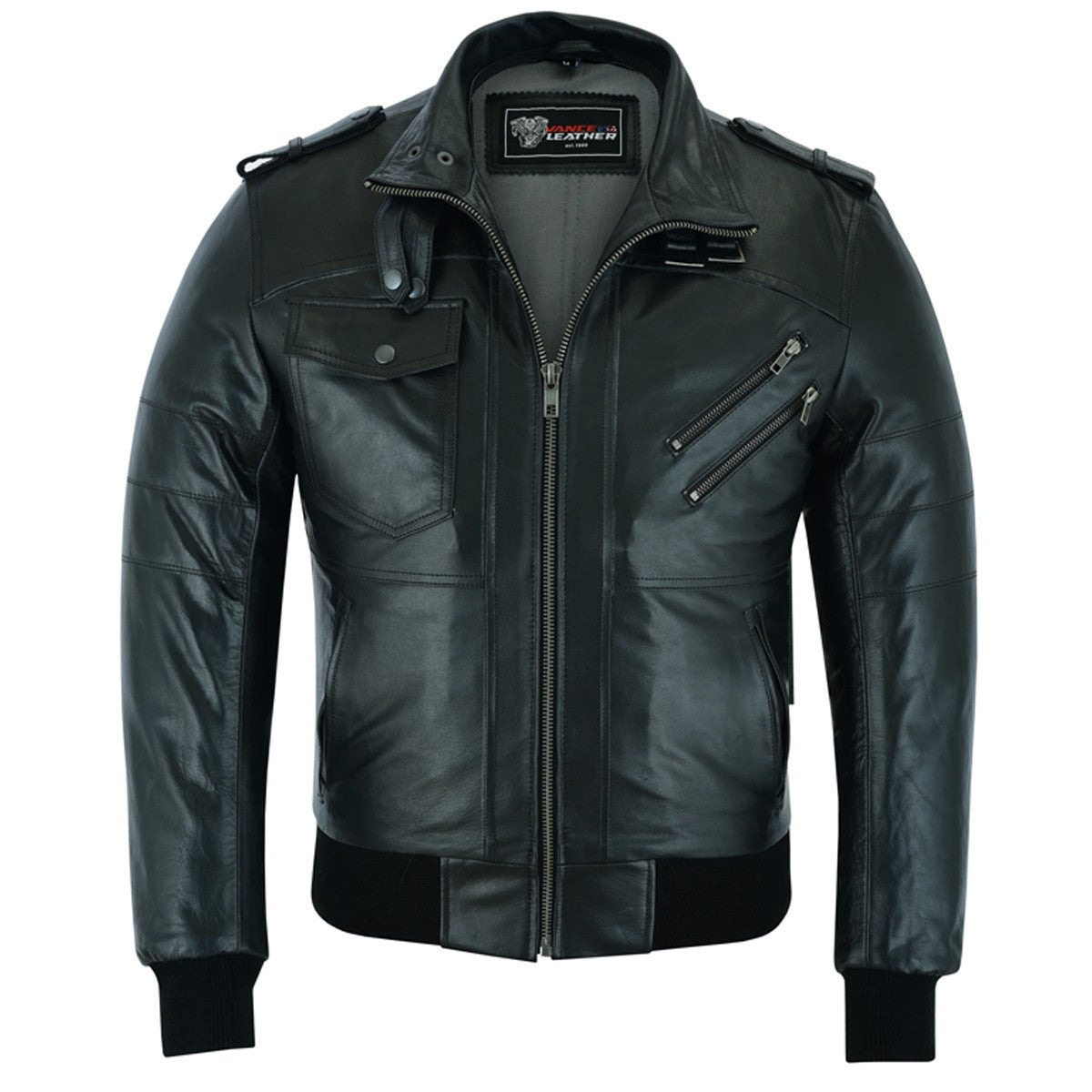 Vance Leather VL551B Men's Sven Bomber Black Waxed Premium Cowhide Motorcycle Leather Jacket with Removeable Hood - front