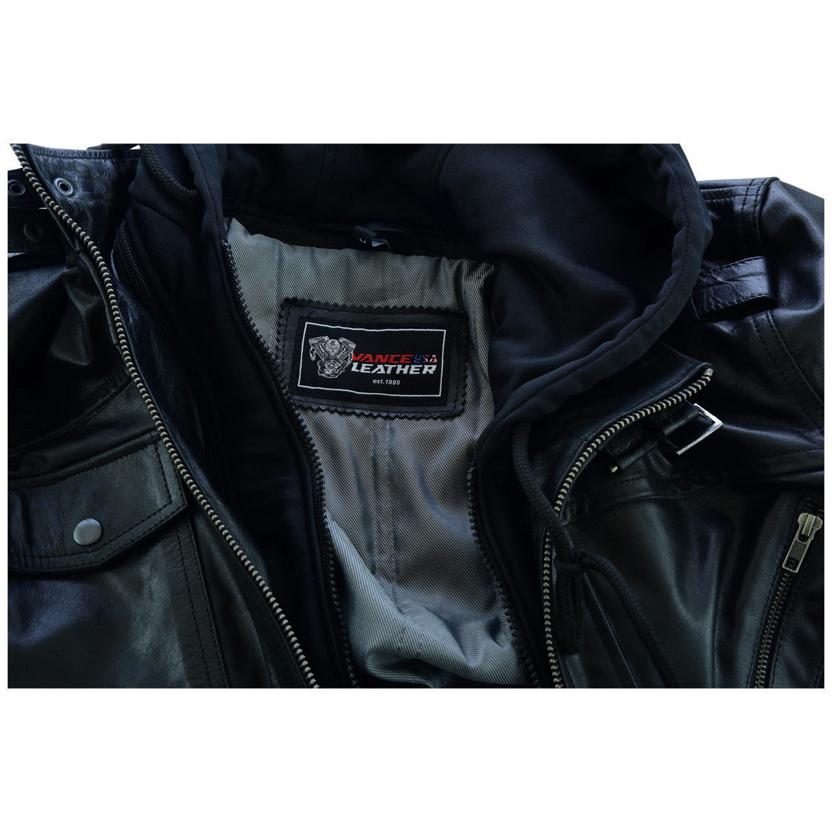 Vance Leather VL551B Men's Sven Bomber Black Waxed Premium Cowhide Motorcycle Leather Jacket with Removeable Hood - detail