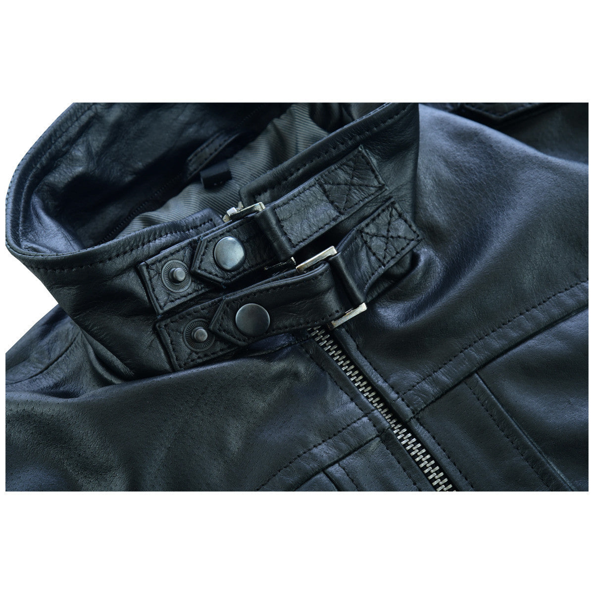 Vance Leather VL551B Men's Sven Bomber Black Waxed Premium Cowhide Motorcycle Leather Jacket with Removeable Hood - detail