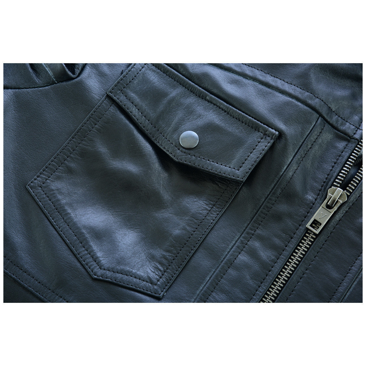 Vance Leather VL551B Men's Sven Bomber Black Waxed Premium Cowhide Motorcycle Leather Jacket with Removeable Hood - detail