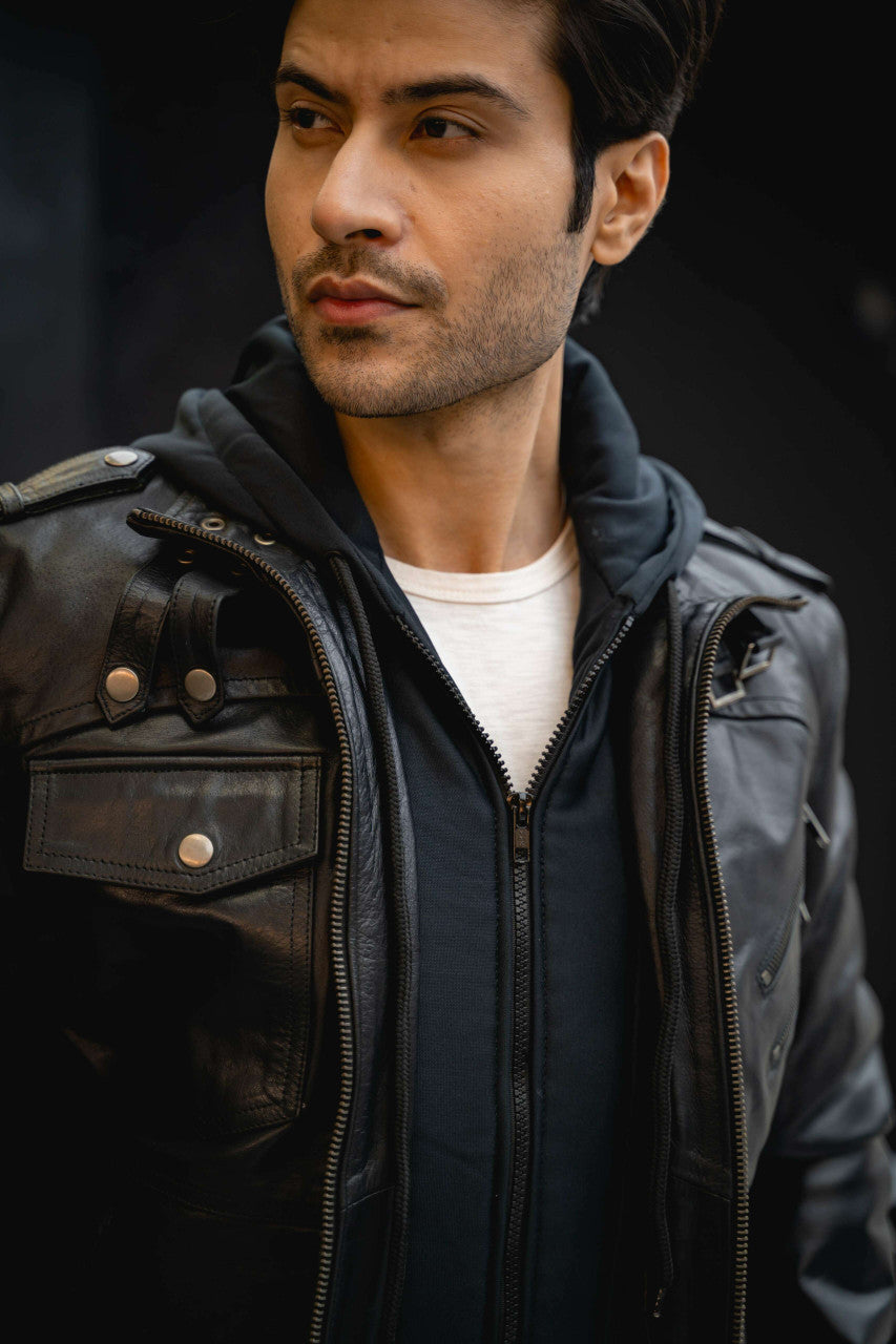 Vance Leather VL551B Men's Sven Bomber Black Waxed Premium Cowhide Motorcycle Leather Jacket with Removeable Hood - pic 2