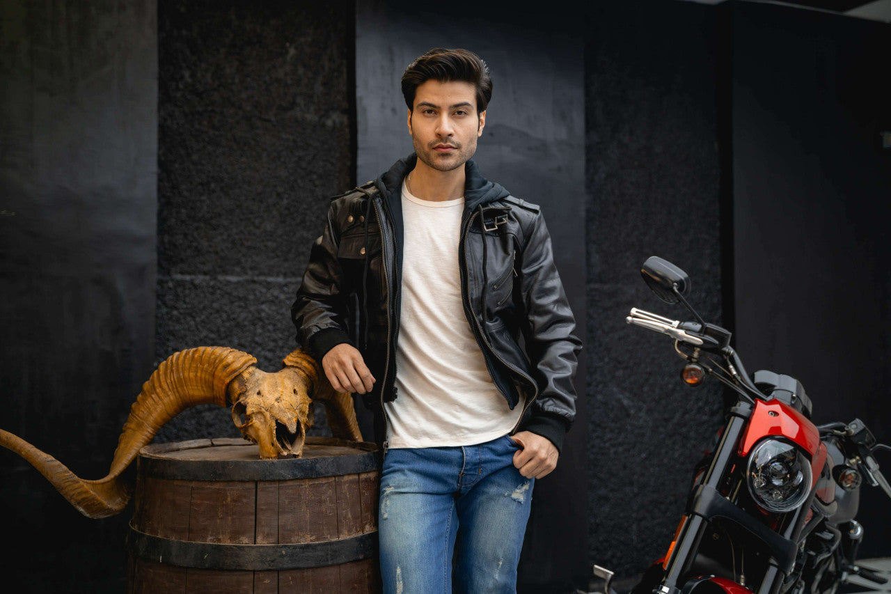 Vance Leather VL551B Men's Sven Bomber Black Waxed Premium Cowhide Motorcycle Leather Jacket with Removeable Hood - pic 6