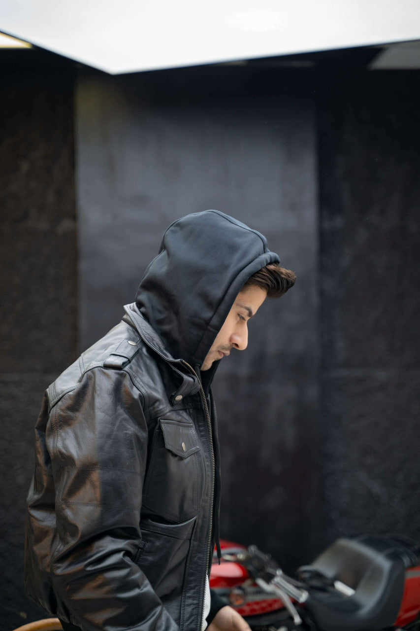 Vance Leather VL551B Men's Sven Bomber Black Waxed Premium Cowhide Motorcycle Leather Jacket with Removeable Hood - pic 7