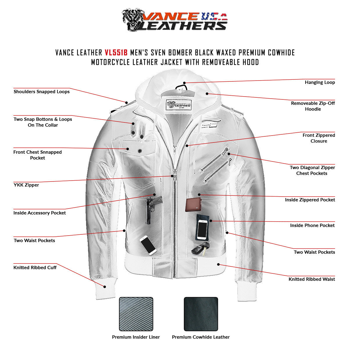Vance Leather VL551B Men's Sven Bomber Black Waxed Premium Cowhide Motorcycle Leather Jacket with Removeable Hood -Infographics