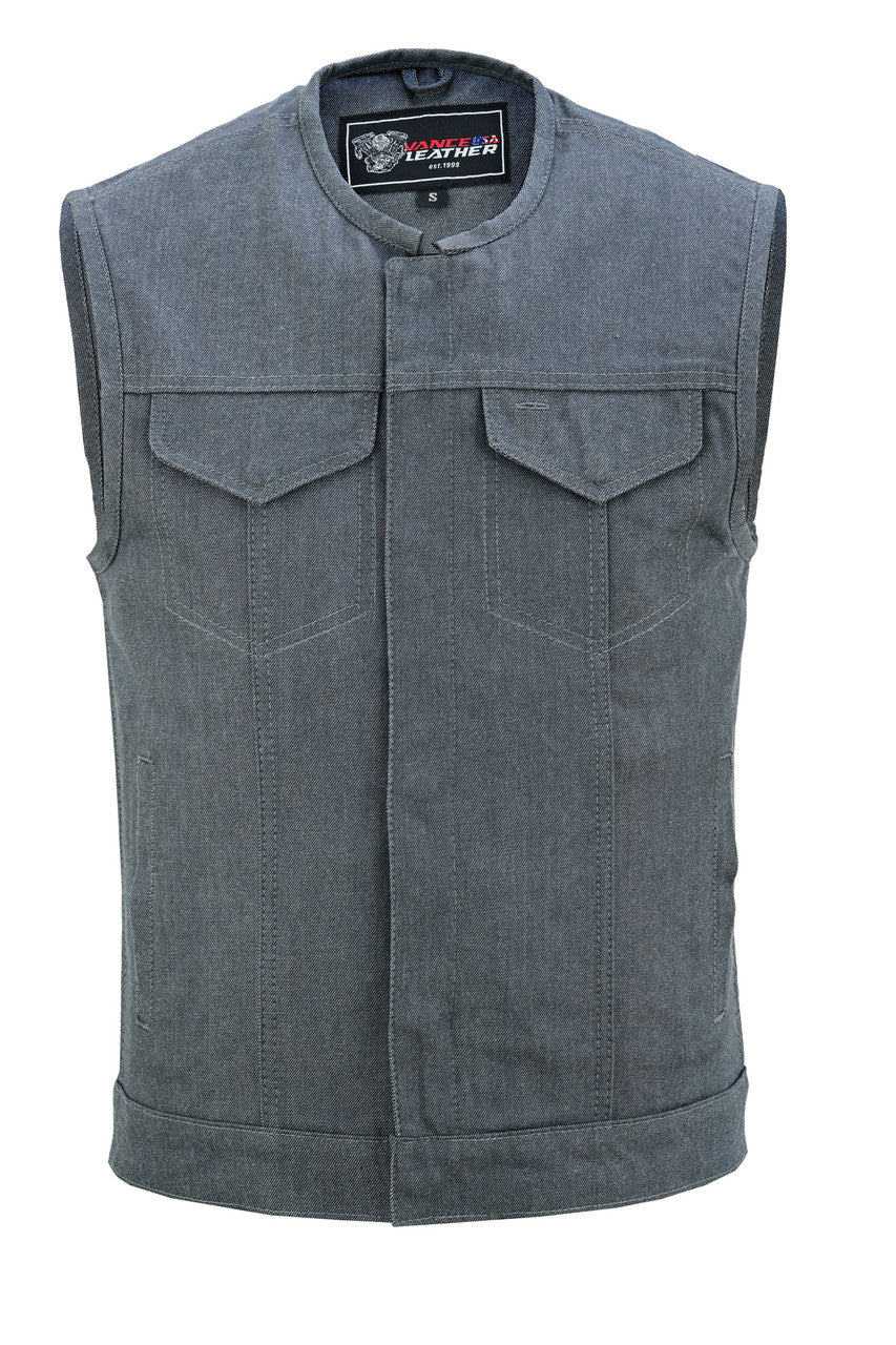 mens-grey-denim-collarless-club-vest-with-conceal-carry-pockets-front-view