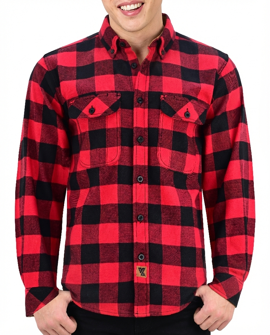 Men's Classic Red Long Sleeve Plaid Button Down Casual Flannel Shirt