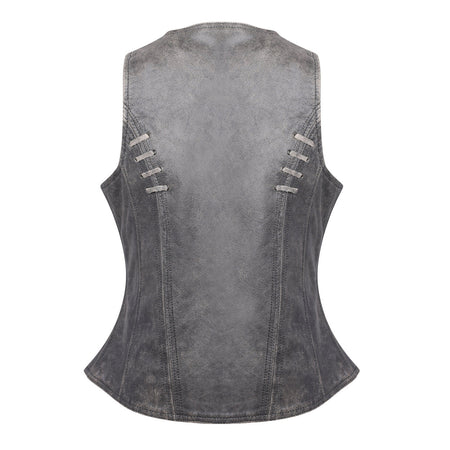 High Mileage HML1038DG Womens Distressed Gray Premium Soft Goatskin Leather Vest With Twill Lace and Grommet - back view