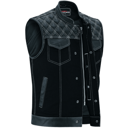 Vance-Leathers-VB924WH-Men's-Denim-Leather-Motorcycle-Vest-with-White-Stitching-front-snap-button-zipper