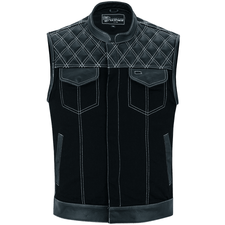 Vance-Leathers-VB924WH-Men's-Denim-Leather-Motorcycle-Vest-with-White-Stitching-front-view