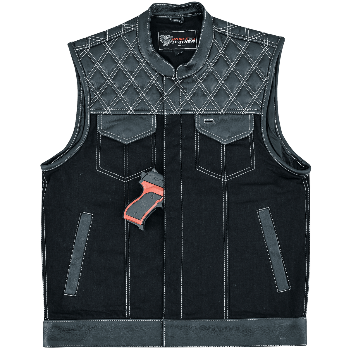 Vance-Leathers-VB924WH-Men's-Denim-Leather-Motorcycle-Vest-with-White-Stitching-front-view