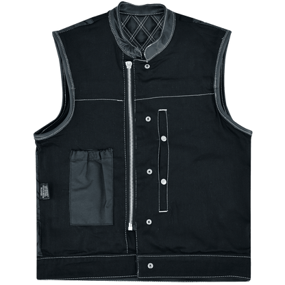Vance-Leathers-VB924WH-Men's-Denim-Leather-Motorcycle-Vest-with-White-Stitching-conceal-carry-pocket