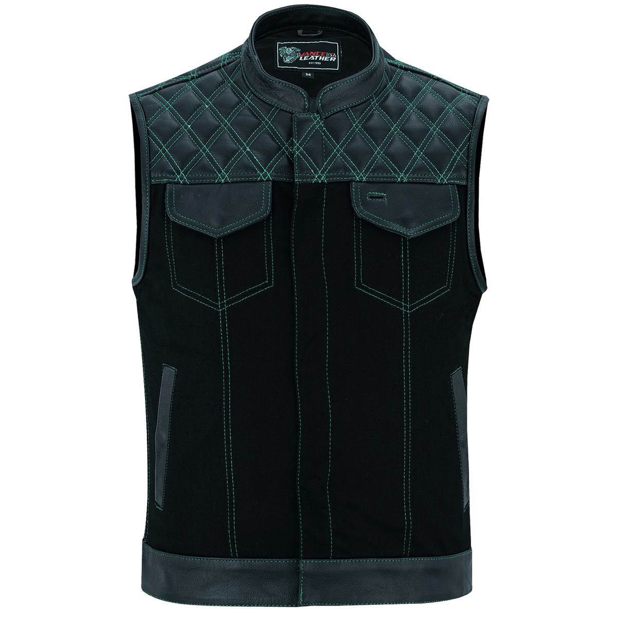 Vance-Leathers-VB924GN-Men's-Denim-Leather-Motorcycle-Vest-with-Green-Stitching-front-view