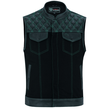 Vance-Leathers-VB924GN-Men's-Denim-Leather-Motorcycle-Vest-with-Green-Stitching-front-view