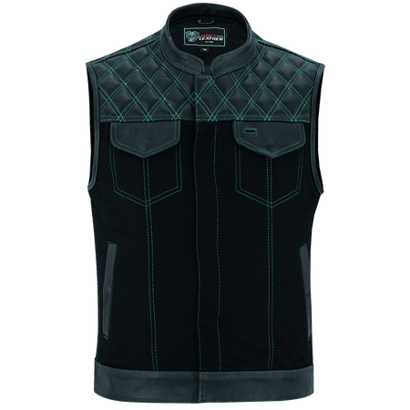 Vance-Leathers-VB924GN-Men's-Denim-Leather-Motorcycle-Vest-with-Green-Stitching-front-view
