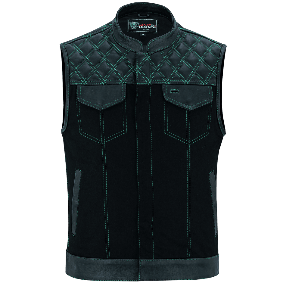 Vance-Leathers-VB924GN-Men's-Denim-Leather-Motorcycle-Vest-with-Green-Stitching-front-view