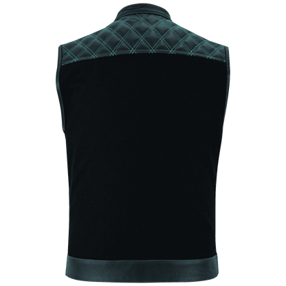Vance-Leathers-VB924GN-Men's-Denim-Leather-Motorcycle-Vest-with-Green-Stitching-back-view