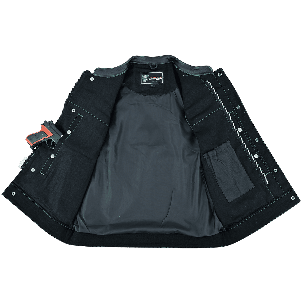 Vance-Leathers-VB924GN-Men's-Denim-Leather-Motorcycle-Vest-with-Green-Stitching-inner-view