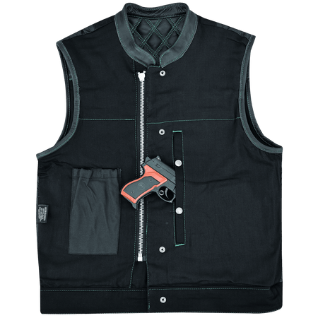 Vance-Leathers-VB924GN-Men's-Denim-Leather-Motorcycle-Vest-with-Green-Stitching-conceal carry pocket