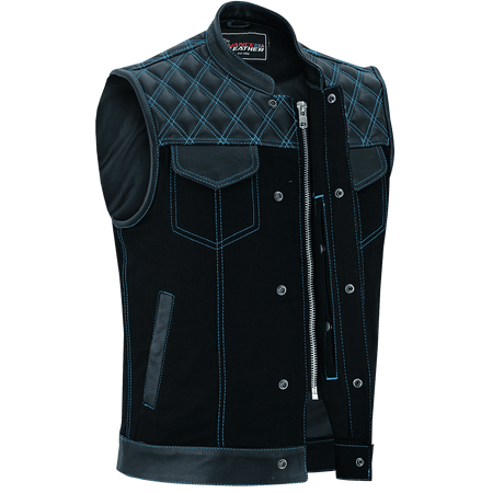 Vance-Leathers-VB924BL-Men's-Denim-Leather-Motorcycle-Vest-with-Blue-Stitching-front-snap-button-zipper