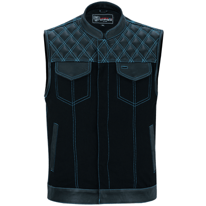 Vance-Leathers-VB924BL-Men's-Denim-Leather-Motorcycle-Vest-with-Blue-Stitching-front-view