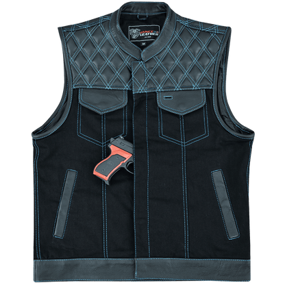 Vance-Leathers-VB924BL-Men's-Denim-Leather-Motorcycle-Vest-with-Blue-Stitching-inside-pocket