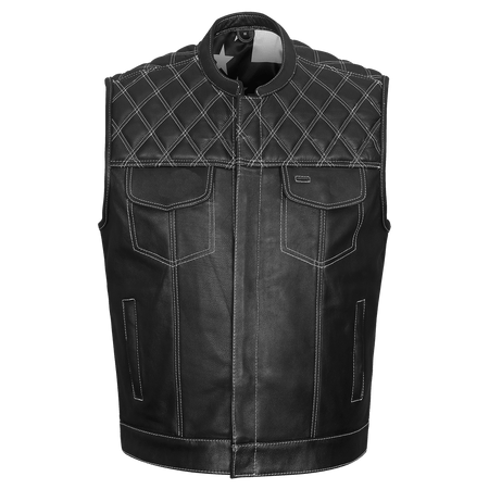 High-Mileage-HMM924W-Mens-Zipper-and-Snap-Closure-Leather-Club-Vest with-American-Flag-Liner-White-Stitching-Front-view