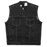 High-Mileage-HMM924W-Mens-Zipper-and-Snap-Closure-Leather-Club-Vest with-American-Flag-Liner-White-Stitching-Front-view