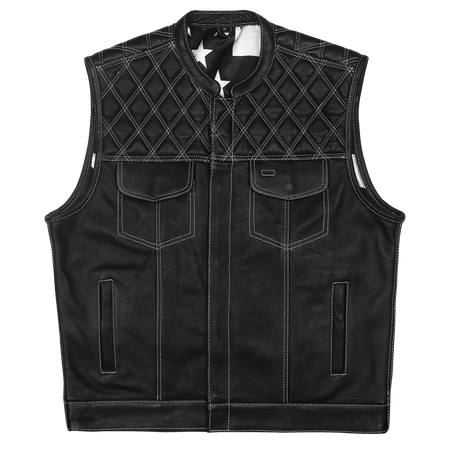High-Mileage-HMM924W-Mens-Zipper-and-Snap-Closure-Leather-Club-Vest with-American-Flag-Liner-White-Stitching-Front-view