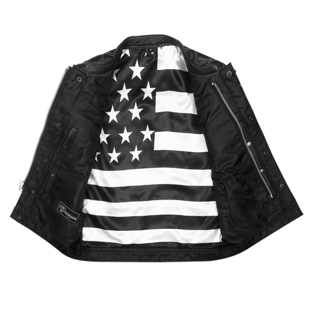 High-Mileage-HMM924W-Mens-Zipper-and-Snap-Closure-Leather-Club-Vest with-American-Flag-Liner-White-Stitching-Front-open-view