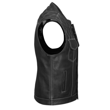 High-Mileage-HMM924W-Mens-Zipper-and-Snap-Closure-Leather-Club-Vest with-American-Flag-Liner-White-Stitching-side-view