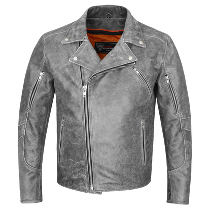High Mileage HMM517DG Men's Beltless Dual Conceal Carry Distressed Gray Premium Cowhide Leather Biker Motorcycle Jacket - front front