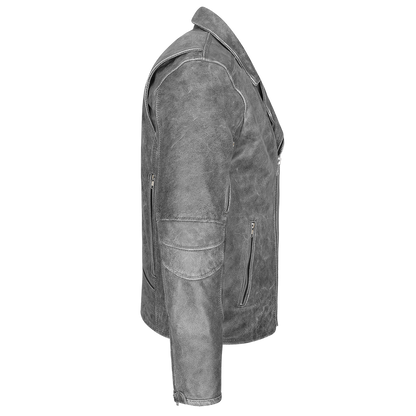 High Mileage HMM517DG Men's Beltless Dual Conceal Carry Distressed Gray Premium Cowhide Leather Biker Motorcycle Jacket - side side