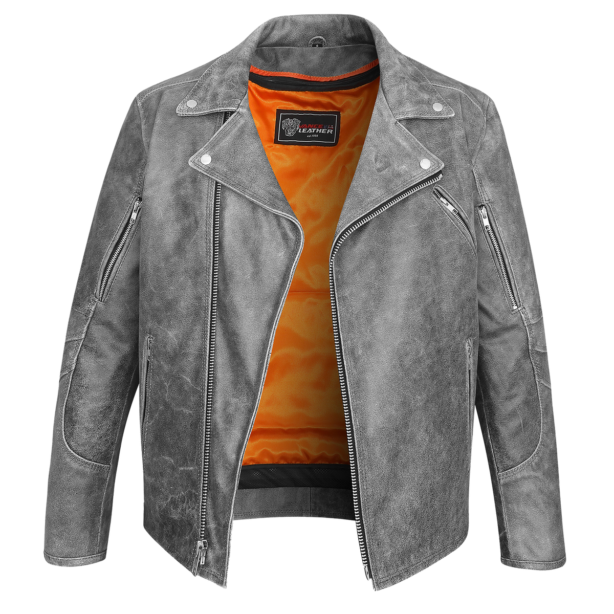 High Mileage HMM517DG Men's Beltless Dual Conceal Carry Distressed Gray Premium Cowhide Leather Biker Motorcycle Jacket - open