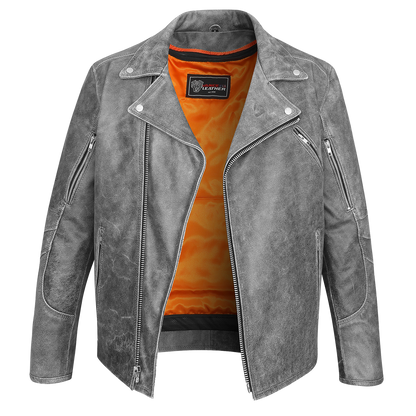 High Mileage HMM517DG Men's Beltless Dual Conceal Carry Distressed Gray Premium Cowhide Leather Biker Motorcycle Jacket - open