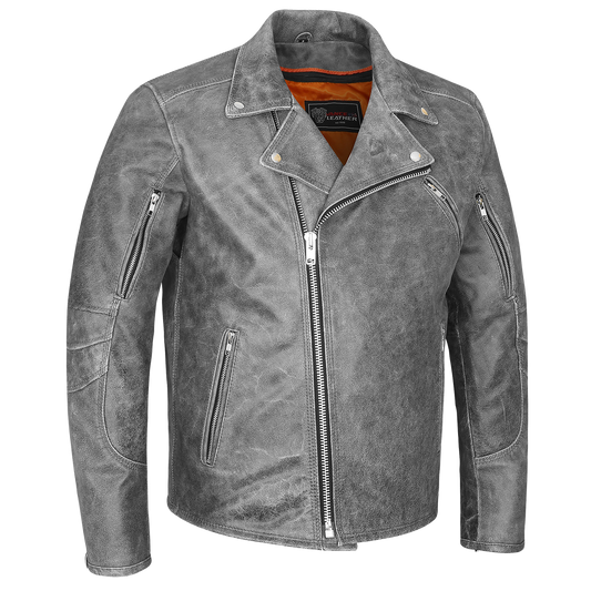 High Mileage HMM517DG Men's Beltless Dual Conceal Carry Distressed Gray Premium Cowhide Leather Biker Motorcycle Jacket - side