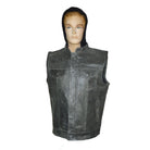 High Mileage HMM914HDG Mens Premium Cowhide Distressed Gray SOA Style Biker Club Leather Motorcycle Vest With Hoodie