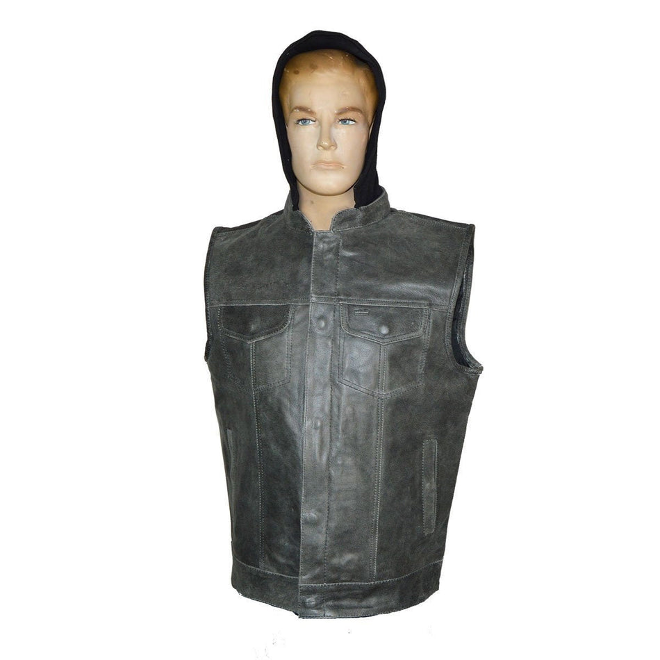 High Mileage HMM914HDG Mens Premium Cowhide Distressed Gray SOA Style Biker Club Leather Motorcycle Vest With Hoodie