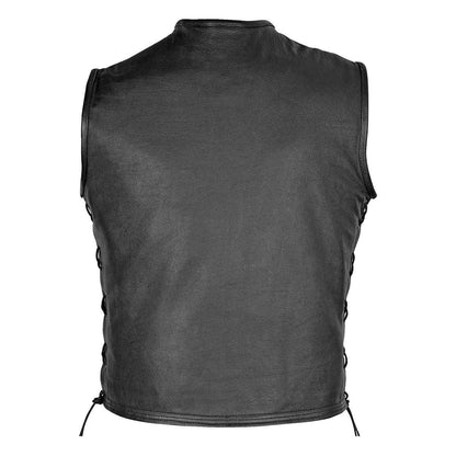 High Mileage HMM931 Mens Black Premium Cowhide Front Zipper Closure Biker Motorcycle Leather Vest - Back View