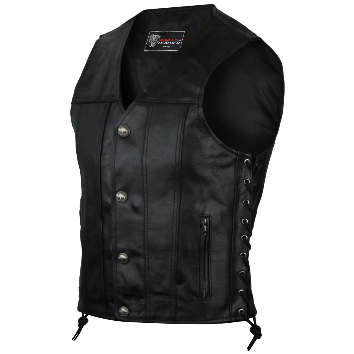 VL939S - Vance Leathers Mens Black Straight Bottom Leather Motorcycle Vest