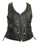 Vance VL1029 Women's Black Lace Side Zipper Pocket Premium Cowhide Leather Biker Motorcycle Vest