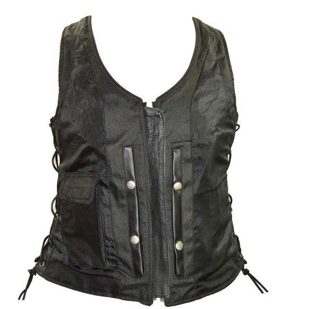 Vance VL1029 Women's Black Lace Side Zipper Pocket Premium Cowhide Leather Biker Motorcycle Vest