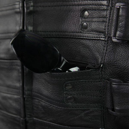 Vance VL905 Mens Black Premium Cowhide Tactical Bulletproof Style Leather Motorcycle Vest - Detail View