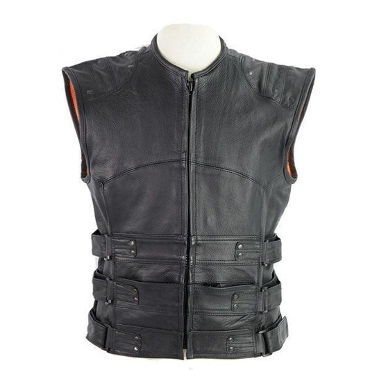 Vance VL905 Mens Black Premium Cowhide Tactical Bulletproof Style Leather Motorcycle Vest