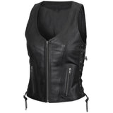 Vance VL1029 Women's Black Lace Side Zipper Pocket Premium Cowhide Leather Biker Motorcycle Vest