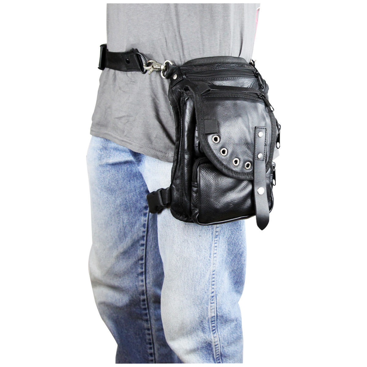 Vance VA564 Men and Women Black Leather Multi-Function Concealed Carry Biker Motorcycle Drop Leg Fanny Pack Thigh Bag - Side View