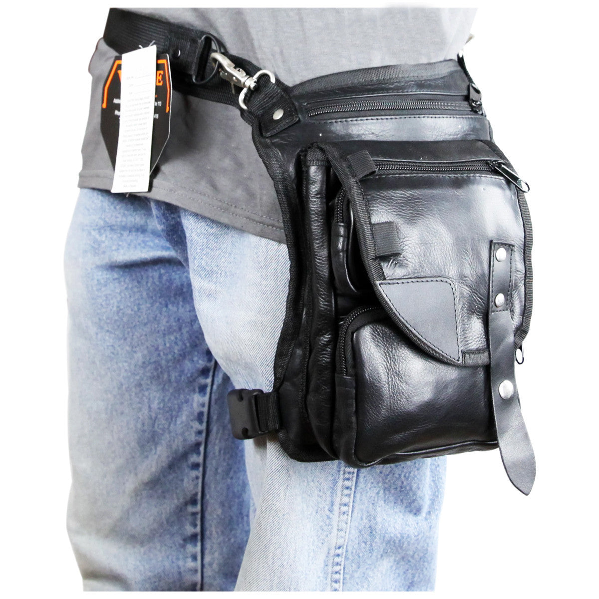 Vance VA565 Men and Women Black Leather Multi-Function Concealed Carry Biker Motorcycle Drop Leg Fanny Pack Thigh Bag